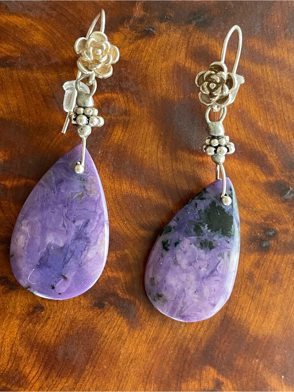 Artisan made 925 Sterling Silver Rose Charoite Teardrop Earrings - Purple